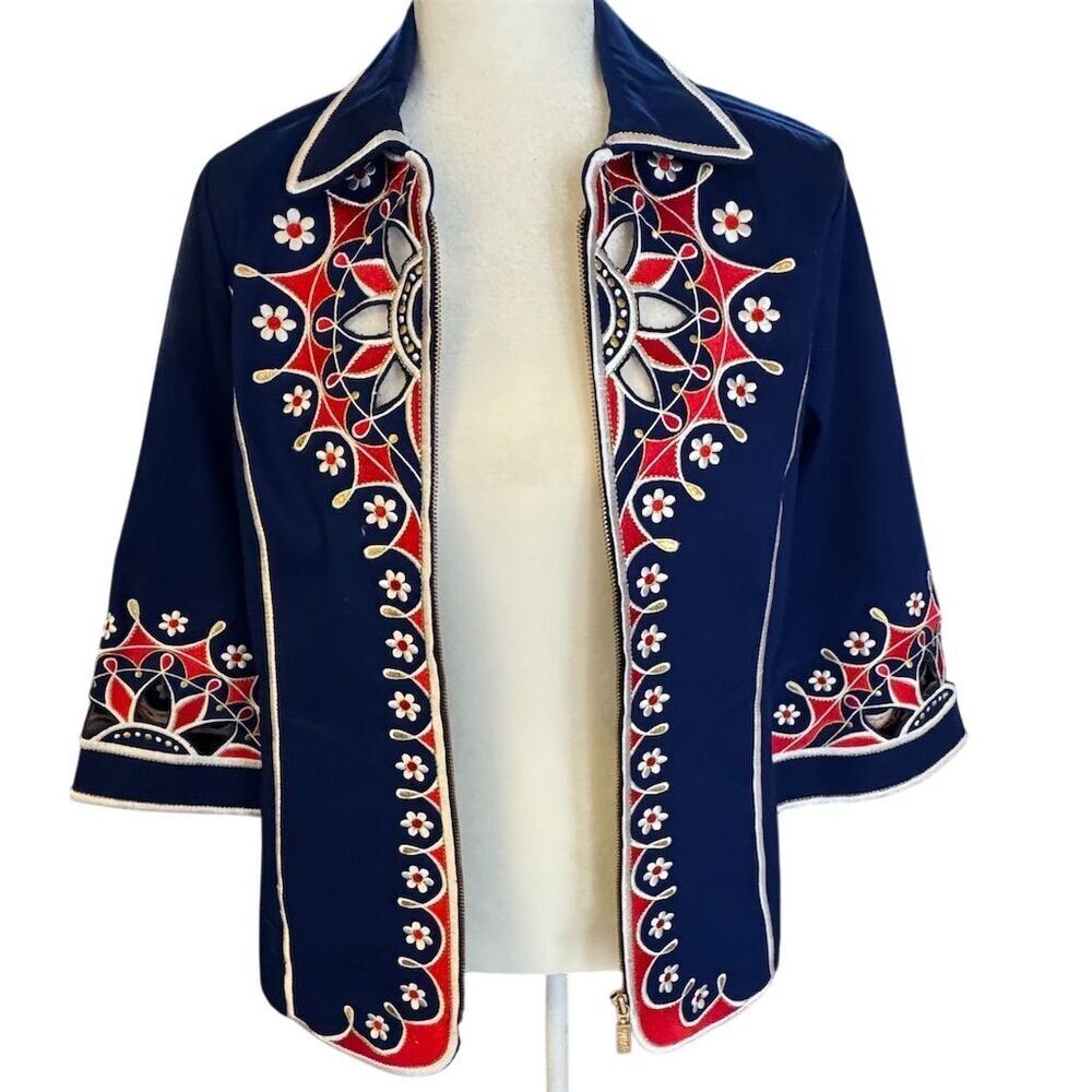 Bob Mackie Wearable Art Blue Embroidered Cutout Jacket Women's Size XS - Picture 14 of 15